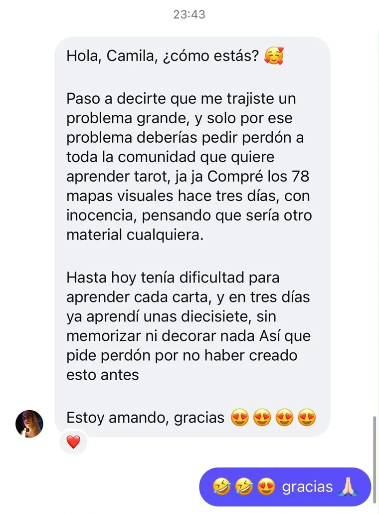 Mensaje de Samira: compré los 78 mapas visuales hace tres días y ya aprendí unas diecisiete cartas sin memorizar ni decorar nada